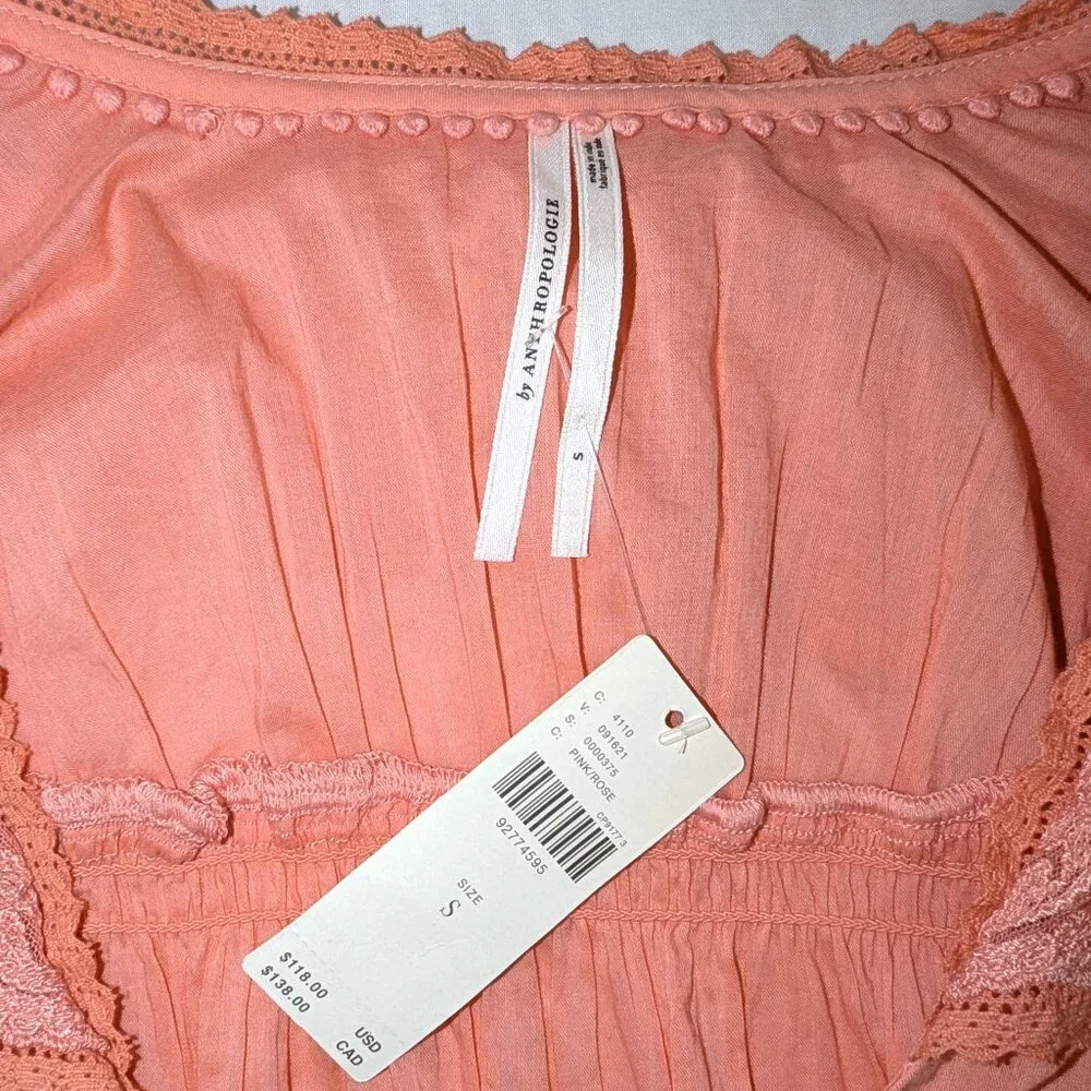 NWT Anthropologie | Bright Coral Pink Collared Babydoll Blouse | Size Small